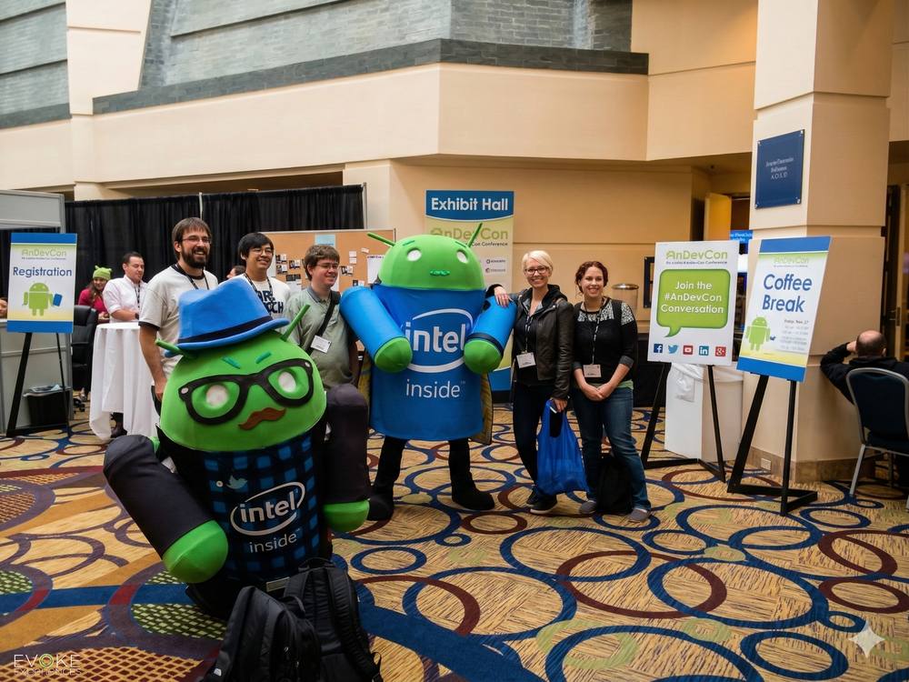 Intel developer conference registration and exhibit hall with brand ambassador team