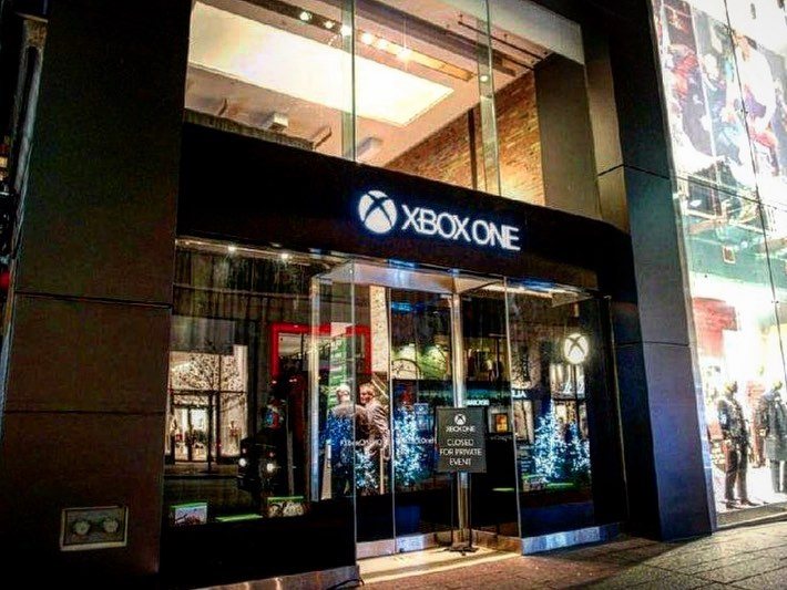 Microsoft Xbox One launch pop-up storefront on Bloor Street in Toronto at night